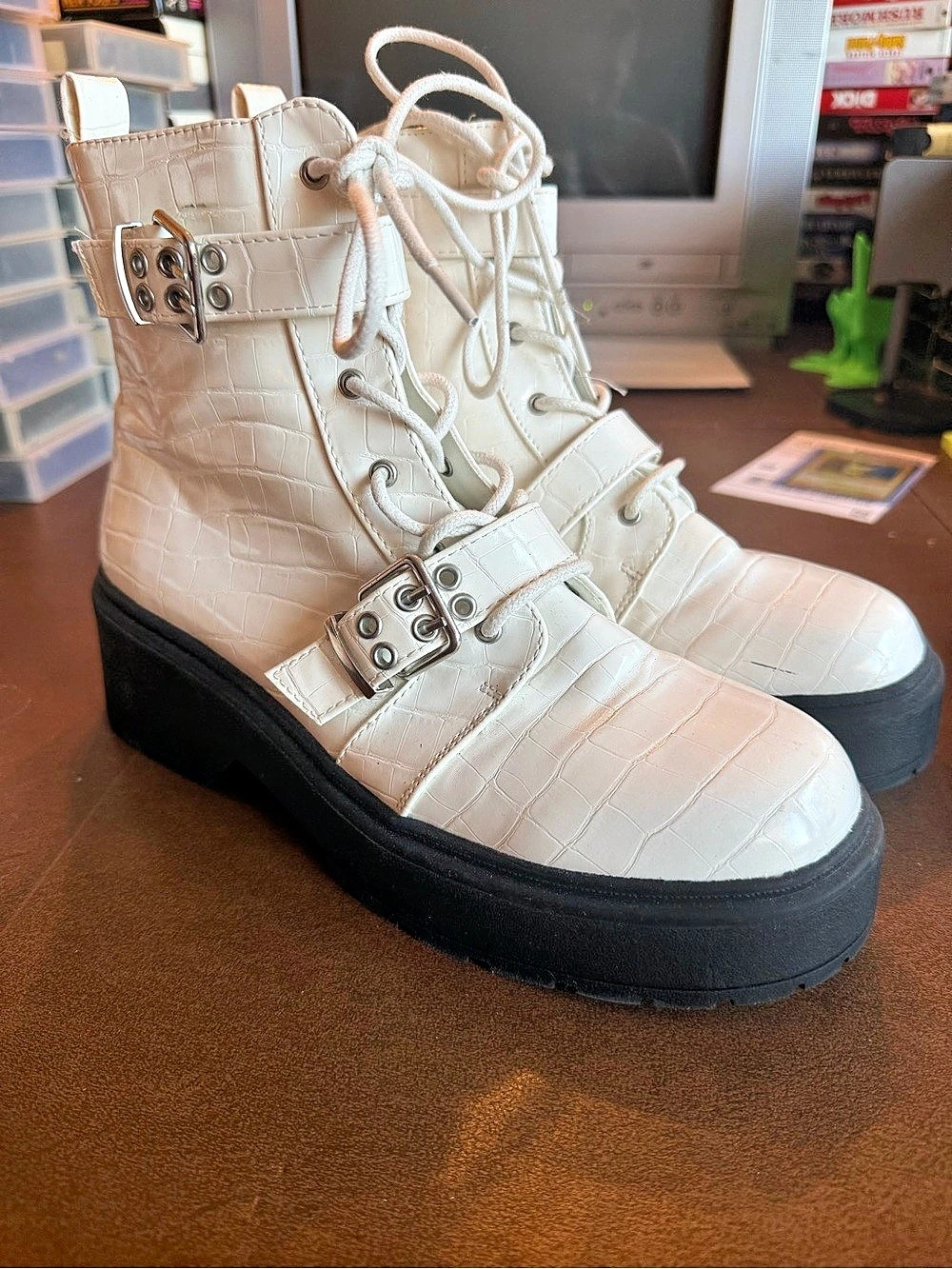 Crocodile-Embossed Platform Combat Boots in White